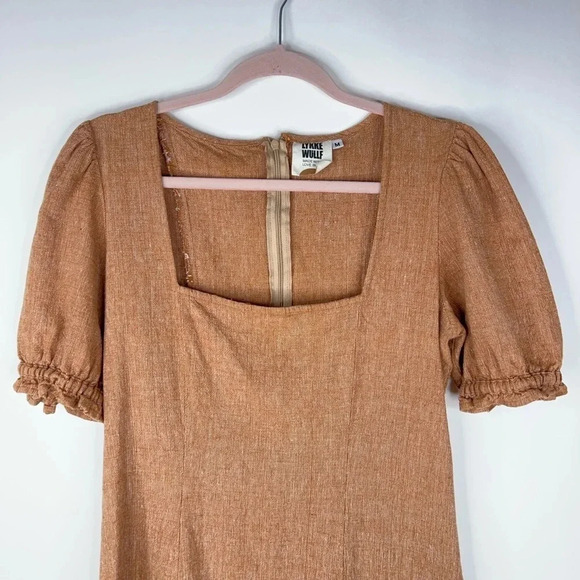 Lykke Wullf Fig Dress Pecan Linen Cotton Mini Dress Square Neck Neutral Medium - Picture 2 of 12